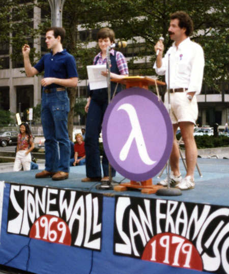 Rich Rockwell (Sign Language interpreter), Mary Cochran, Jim Littrell at Philadelphia Gay Pride Rally, 1979